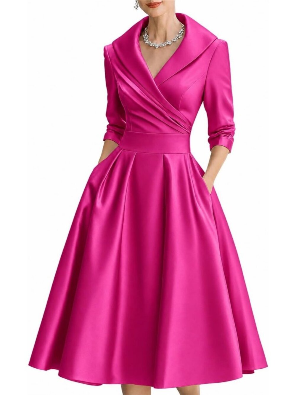 Women's Rose Wrap Long Sleeve V-Neck Silky Casual Elegant Midi Church Dress